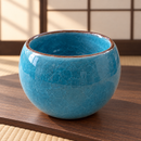 Cuenco celeste y turquesa con esmalte craquelado, ambientado en sala de té japonesa.