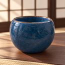 Cuenco azul marino con esmalte craquelado, ambientado en sala de té japonesa.