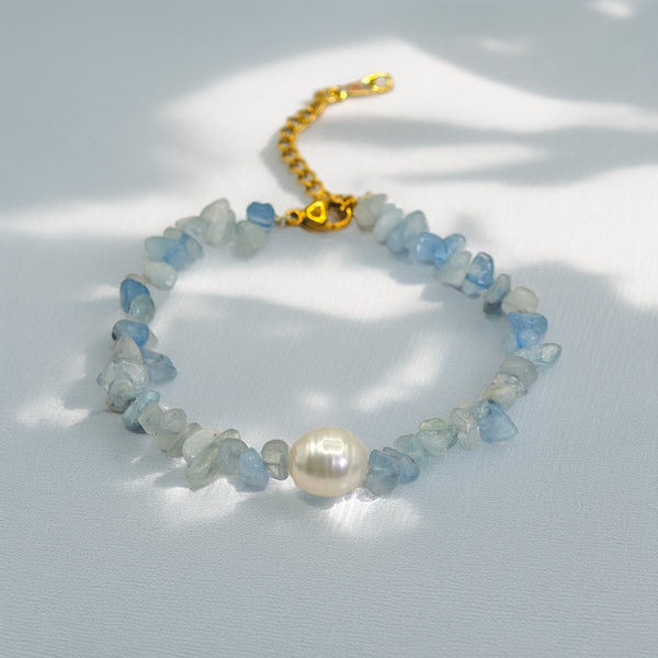Pulsera Dorada Aguamarina y Perla