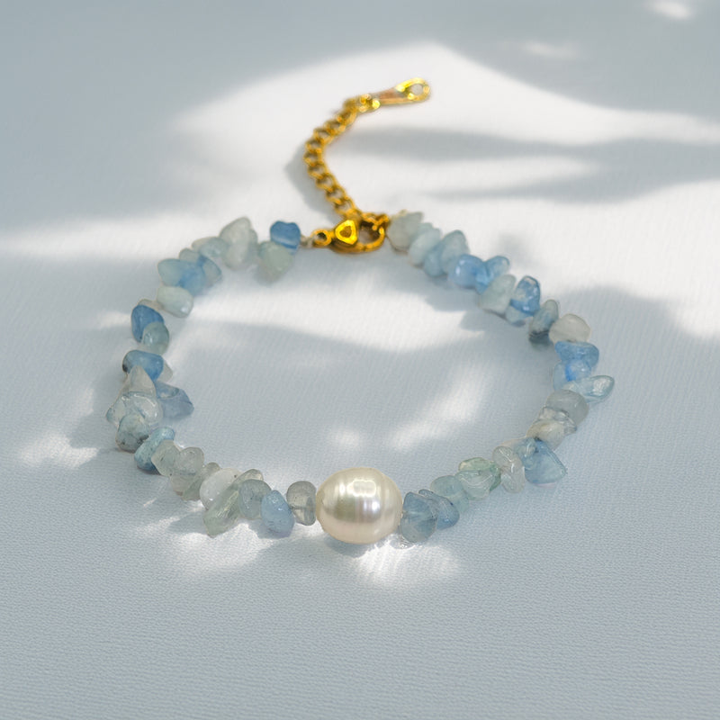 Pulsera Dorada Aguamarina y Perla
