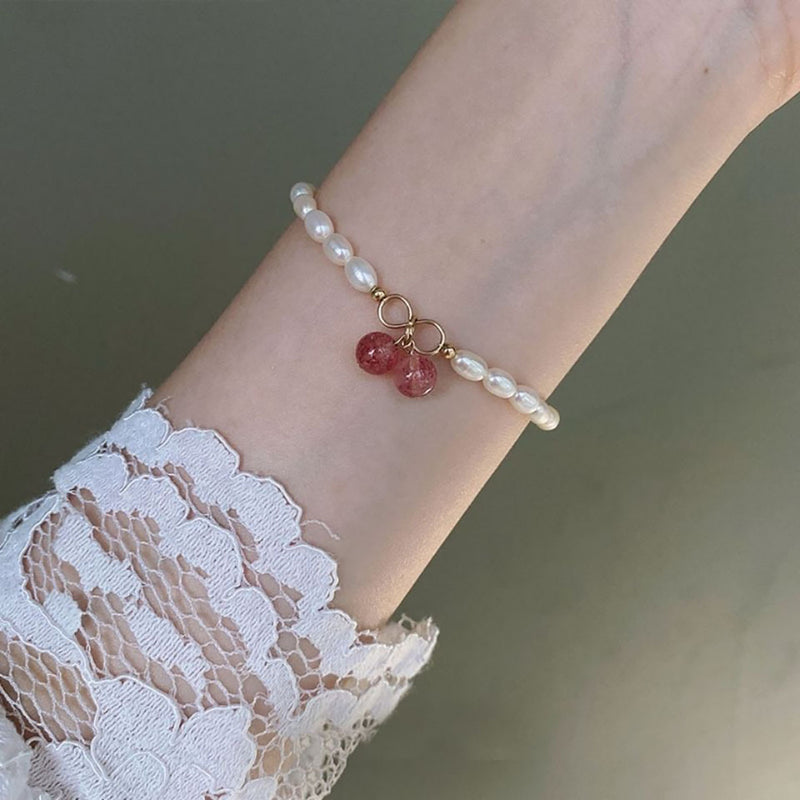 Pulsera Perlas con Encanto de Cuarzo Fresa