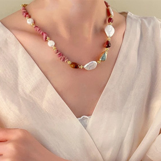 Collar Dorado Perlas y Rodonita