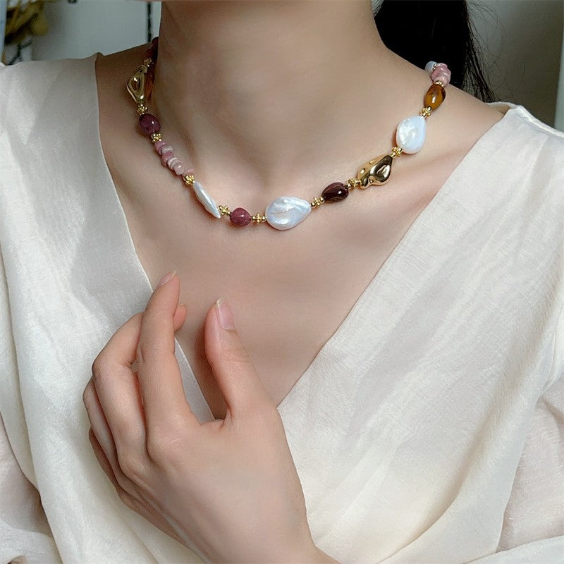 Collar Dorado Perlas y Rodonita