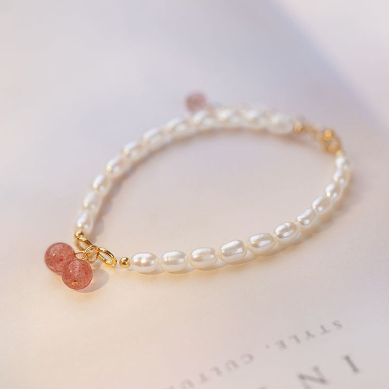 Pulsera Perlas con Encanto de Cuarzo Fresa