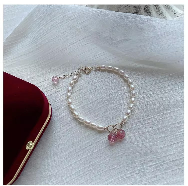 Pulsera Perlas con Encanto de Cuarzo Fresa
