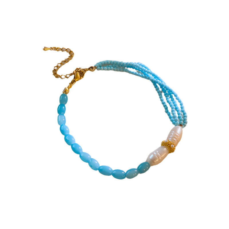 Pulsera Dorada Cristal Celeste y Perla