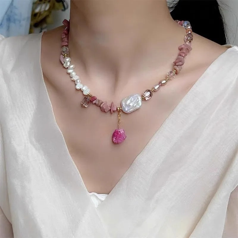 Collar Dorado Perlas y Rodonita