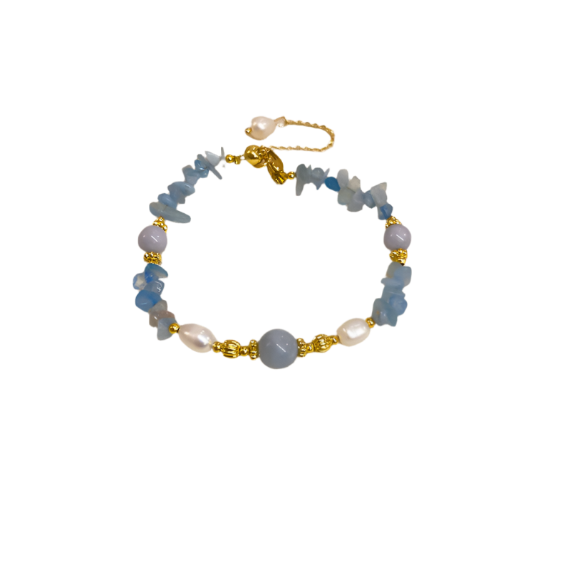 Pulsera Dorada Aguamarina y Perlas